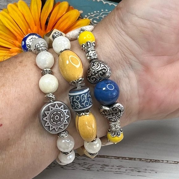 Bohemian Bracelet Stack Gemstone Crystal Handmade Blown Glass Bead Howlite New! - Picture 9 of 11